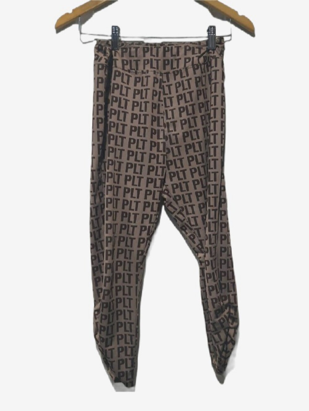 PrettyLittleThing PLT Logo Print Ruched Hem Leggings Taupe Brown 6